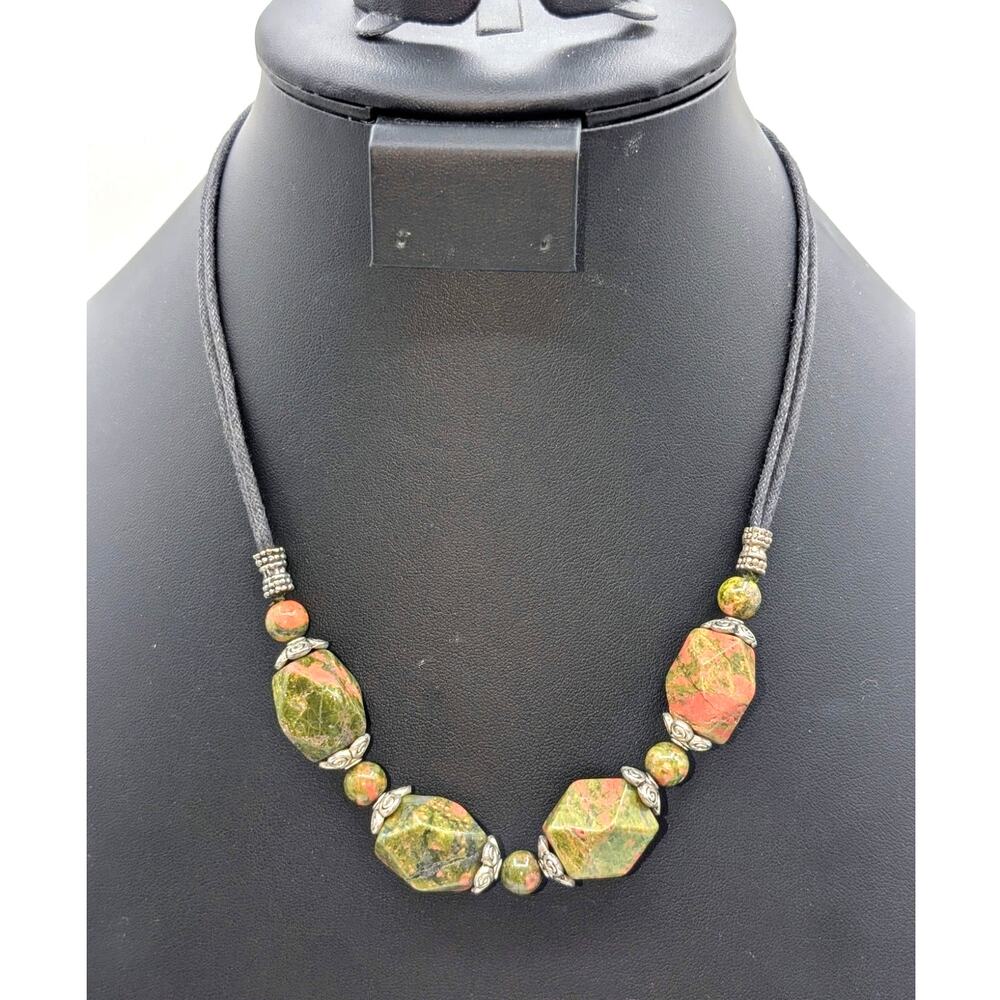 Vintage Unakite Stone & Silver Tone Black Double Corded 18"-19.75" Necklace
